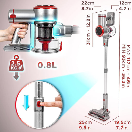 Duronic VC28 Odkurzacz pionowy bezprzewodowy akumulatorowy 2w1 odkurzacz stojący + odkurzacz ręczny samochodowy 220W 2 baterie | do podłóg drewnianych, laminowanych, parkietów | regulacja mocy ssania