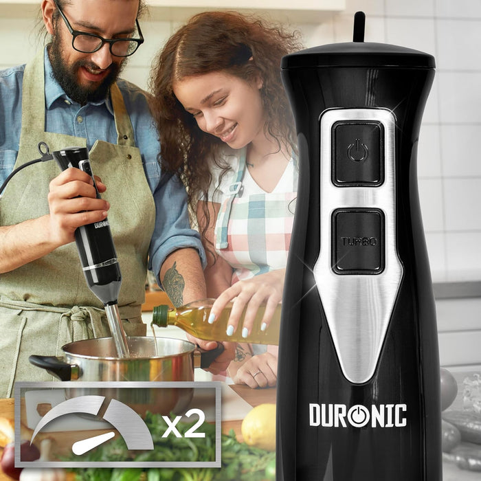 Duronic HB35C Blender ręczny 350W 4 ostrza ze stali nierdzewnej z pojemnikami z pokrywką 2x 600 ml | wysoki blender zanurzeniowy 2 prędkości