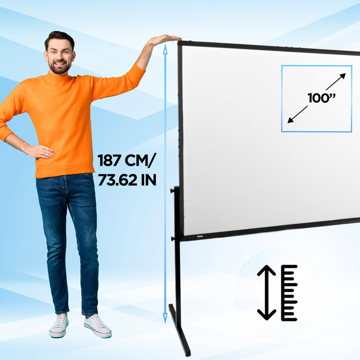 BD-SFPS100 Ekran projekcyjny zewnętrzny lub wewnętrzny ze statywem i torbą 100 cali porównanie wysokości, maksymalnie 187 cm