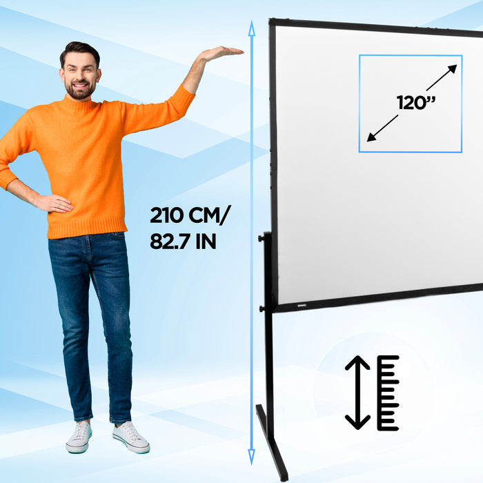 BD-SFPS120 Ekran projekcyjny zewnętrzny lub wewnętrzny ze statywem i torbą 100 cali porównanie wysokości, maksymalnie 187 cm
