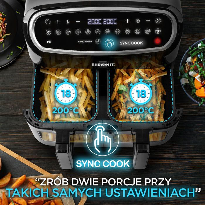 Duronic AF24 BK Airfryer Frytkownica duża 2 duo Synchronizacja zakończenia: dwie potrawy zakończone jednocześnie pomimo różnego czasu gotowania