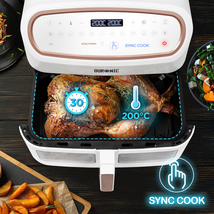 Duronic AF34 WE airfryer frytkownica sync cook synchronizacja gotowania w obu komorach taki sam czas i temperatura do 200 st
