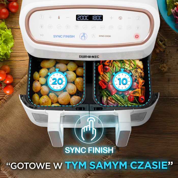 Duronic AF34 WE airfryer frytkownica sync finish synchronizacja czasu zakończenia w obu komorach taki sam czas zakończenie dostosowane do potrawy która robi się dłużej