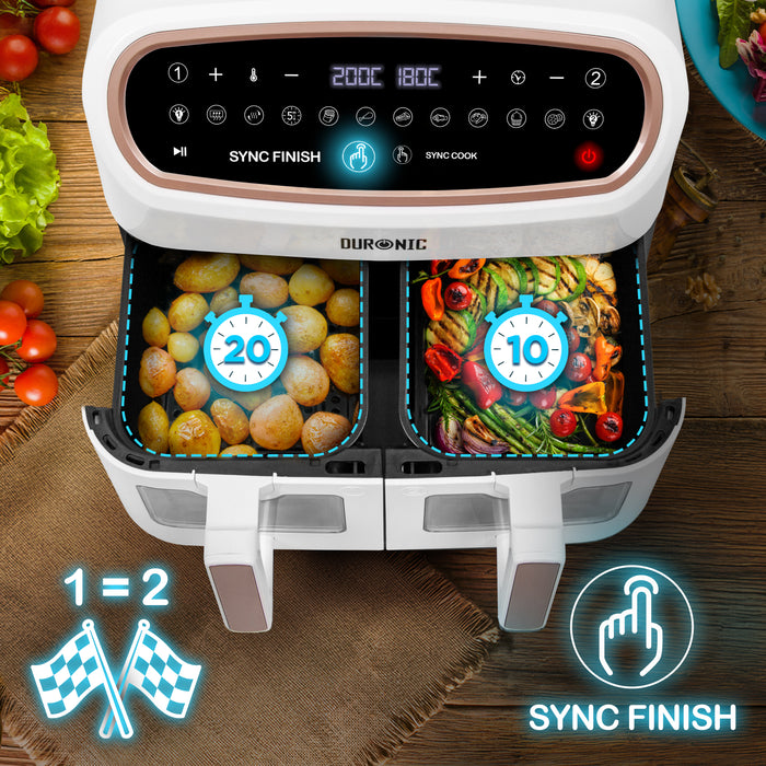 Duronic AF34 WG airfryer frytkownica sync finish synchronizacja czasu zakończenia w obu komorach taki sam czas zakończenie dostosowane do potrawy która robi się dłużej
