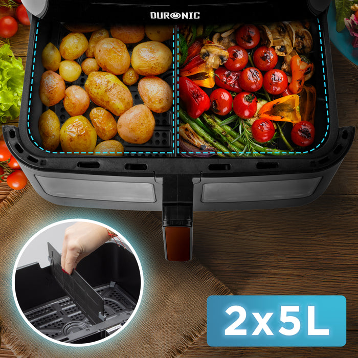 Duronic AFD1 BG duży kosz do airfryera 10l air fryer czarna ze złotym uchwytem podzielenie komory, pojemność 2x 5l do airfryerów duronic z separatorem