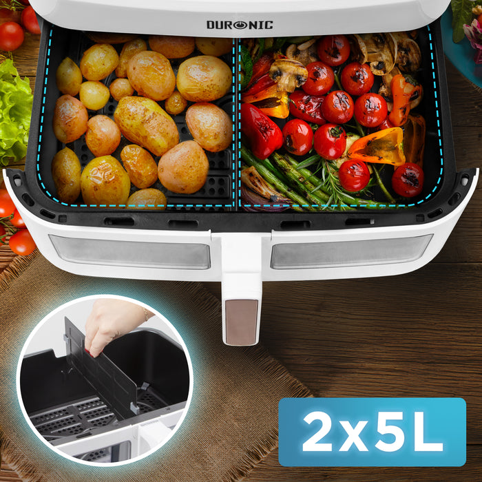Duronic AFD1 WE duży kosz do airfryera 10l air fryer biały podzielenie komory dzięki podziałce, pojemność 2x 5l