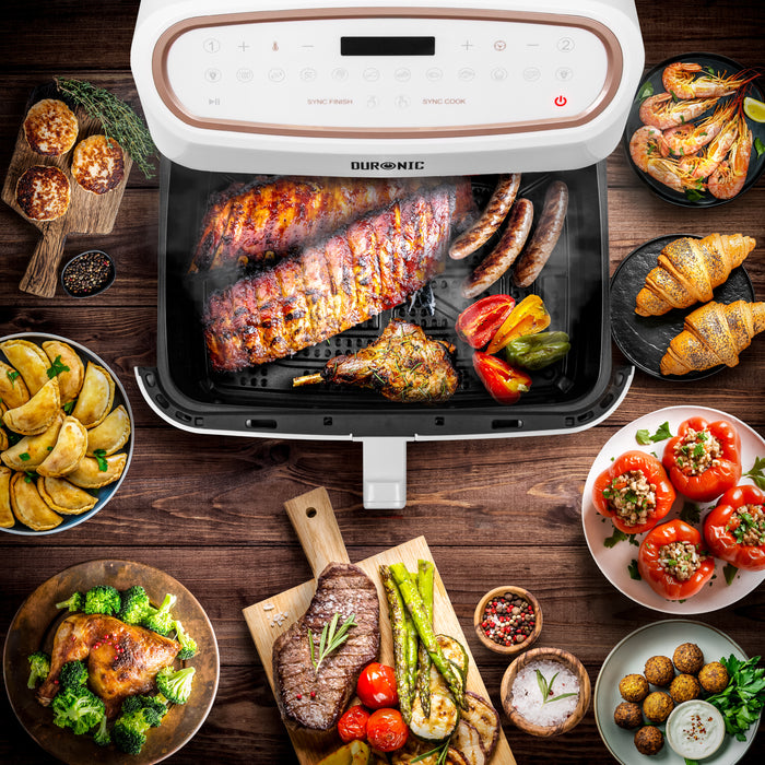 Duronic AFD1 WE duży kosz do airfryera 10l air fryer biały wiele potraw żeberka, kiełbaski, kurczak, faszerowana papryka, owoce morza