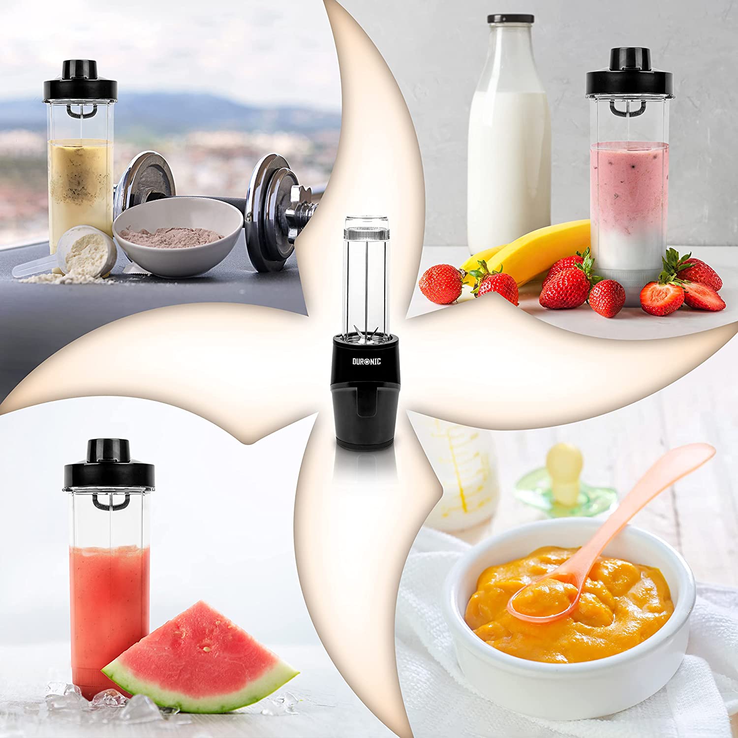 Duronic BL510 Blender personalny kielichowy możliwe zastosowanie: odżywki na siłownię, do koktajli, do smoothie, do jedzenia dla niemowląt