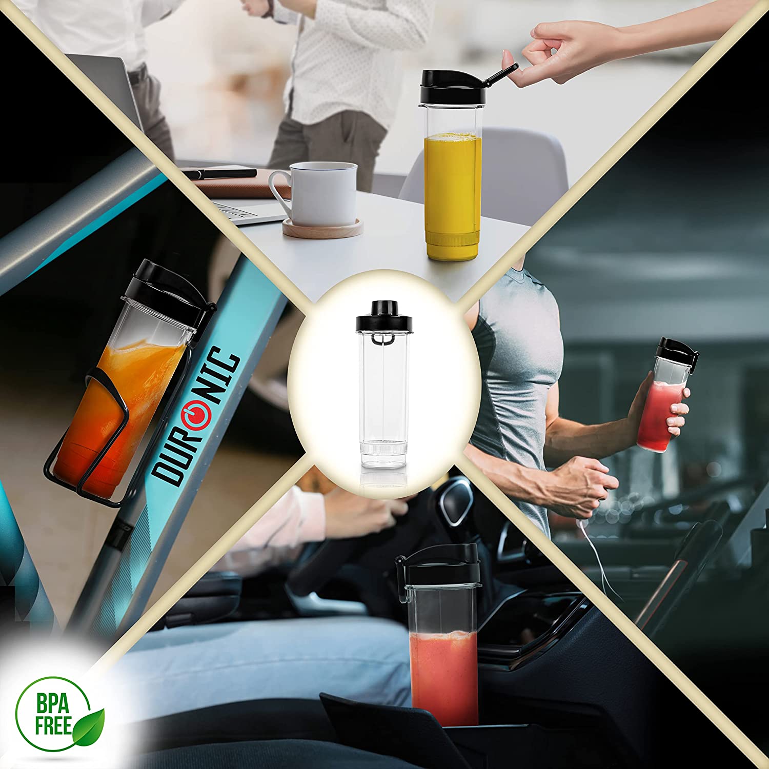 Duronic BL510 Blender personalny kielichowy przykładowe zastosowanie: siłownia, do pracy, na rower, w podróży