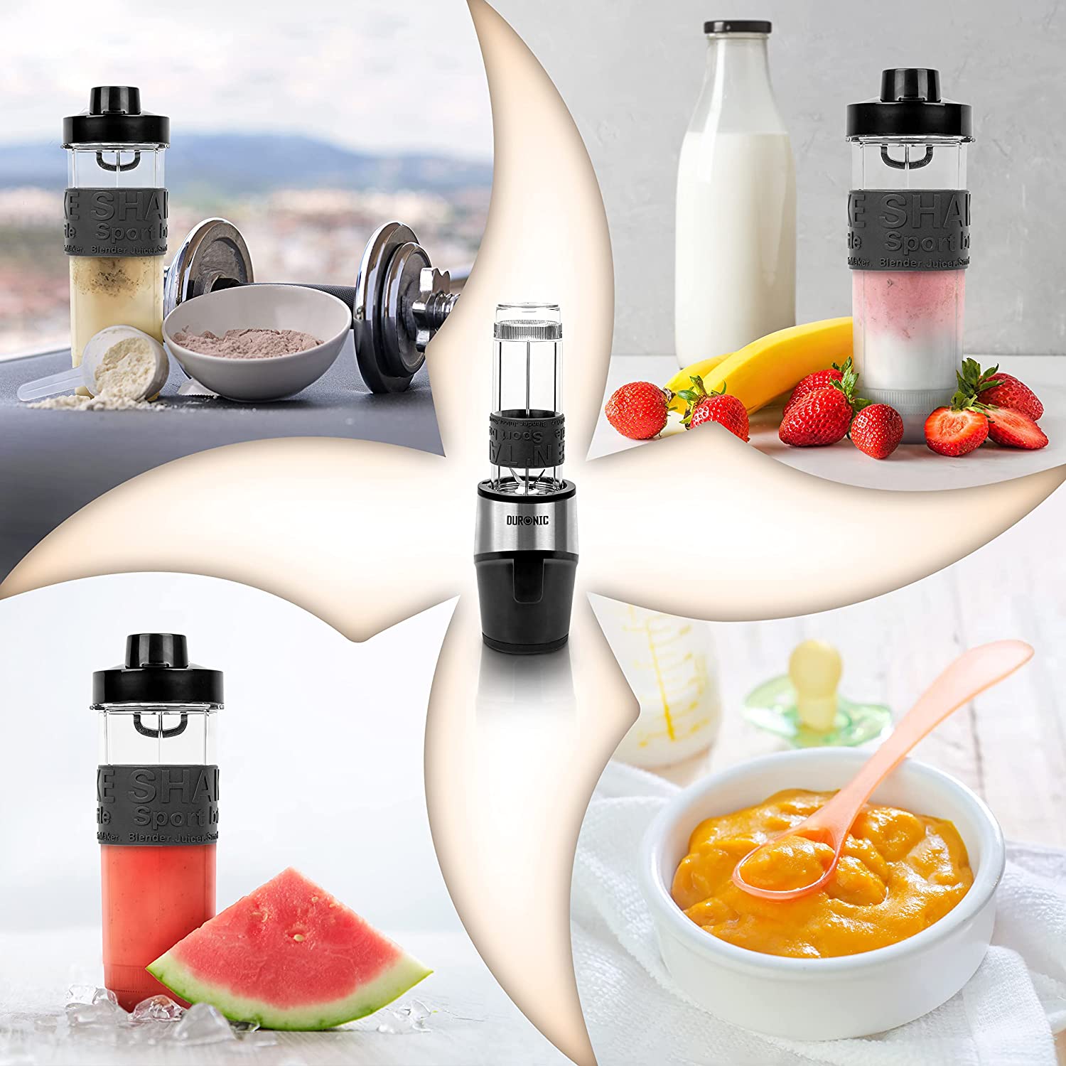 Duronic BL520 Blender personalny kielichowy możliwe zastosowanie: odżywki na siłownię, do koktajli, do smoothie, do jedzenia dla niemowląt