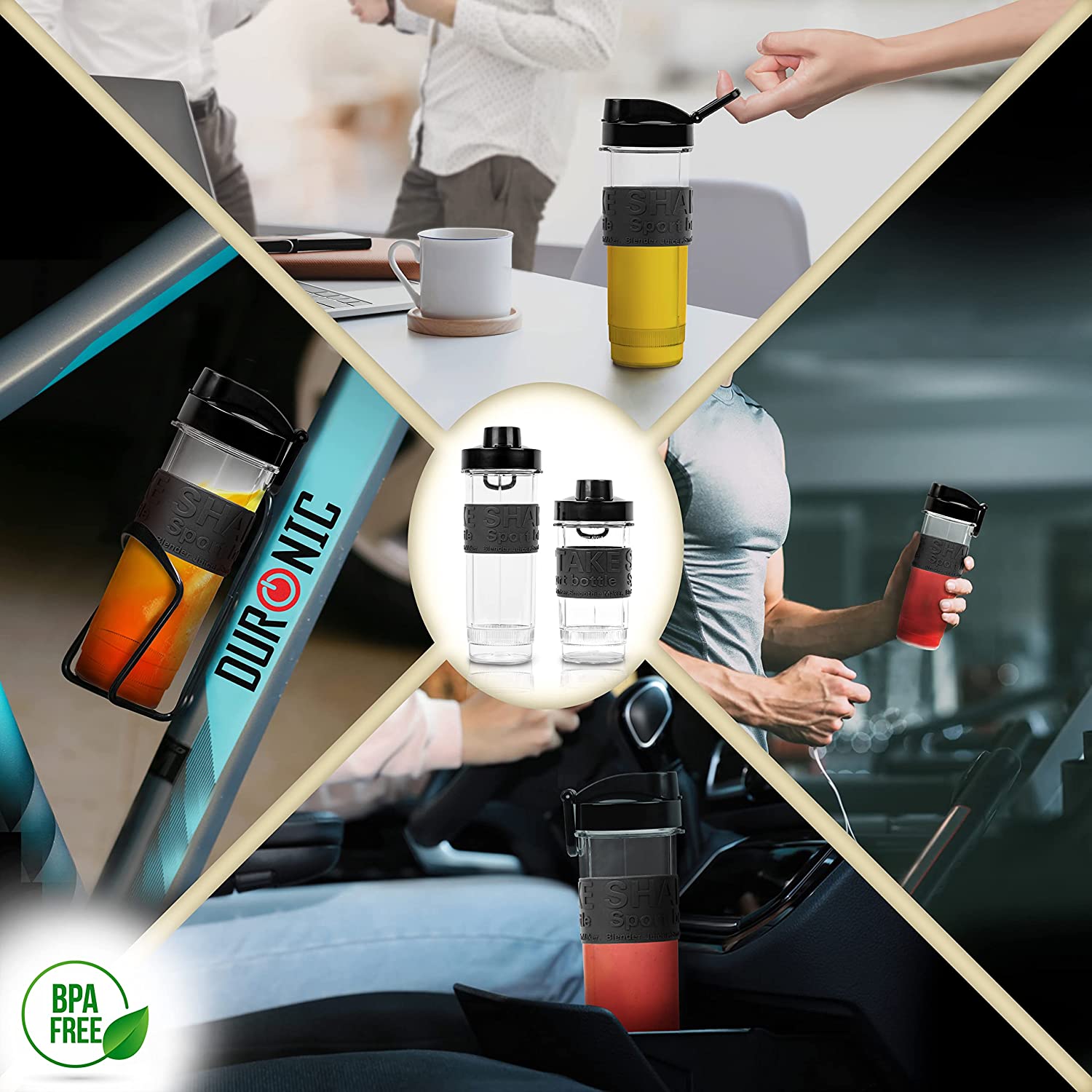 Duronic BL520 Blender personalny kielichowy przykładowe zastosowanie: siłownia, do pracy, na rower, w podróży 