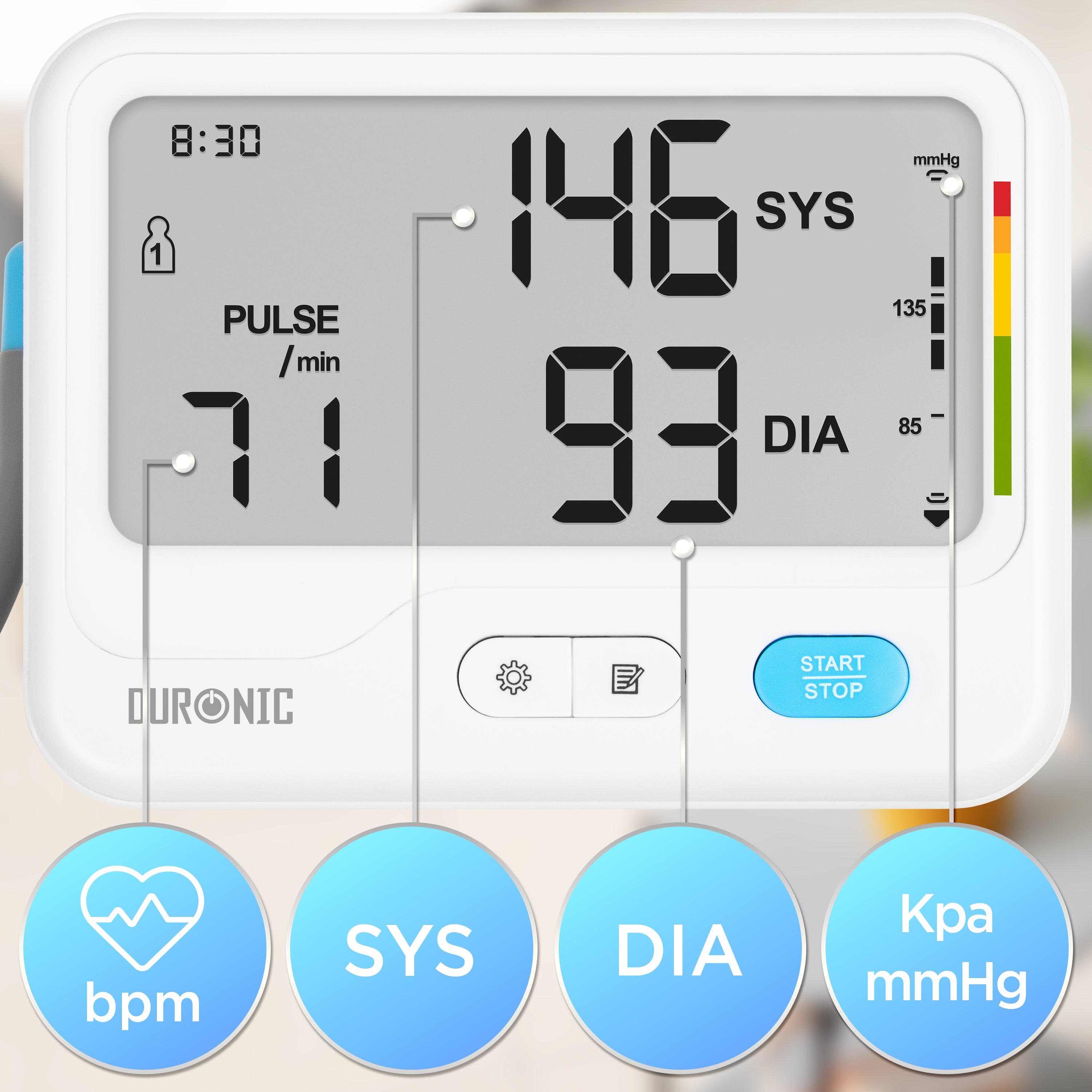 Duronic BPM125 Ciśnieniomierz naramienny elektroniczny wyświetlacz: odczyt ciśnienia skurczowego i rozkurczowego, puls, jednostka pomiary Kpa mmHg