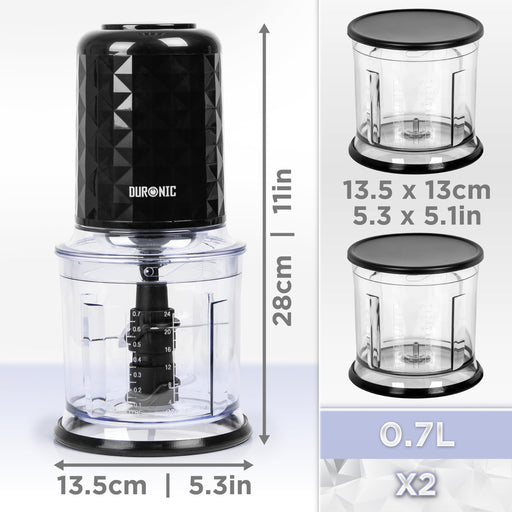 Duronic CH57 BK Elektryczny siekacz szatkownica mini rozdrabniacz 2x pojemnik 0.7l, wymiary urządzenia