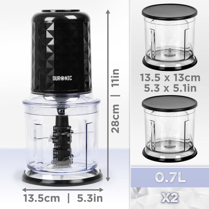Duronic CH57 BK Elektryczny siekacz szatkownica mini rozdrabniacz 2x pojemnik 0.7l, wymiary urządzenia