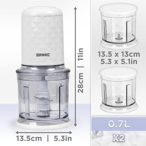 Duronic CH57 WE Elektryczny siekacz szatkownica mini rozdrabniacz 2x pojemnik 0.7l, wymiary urządzenia