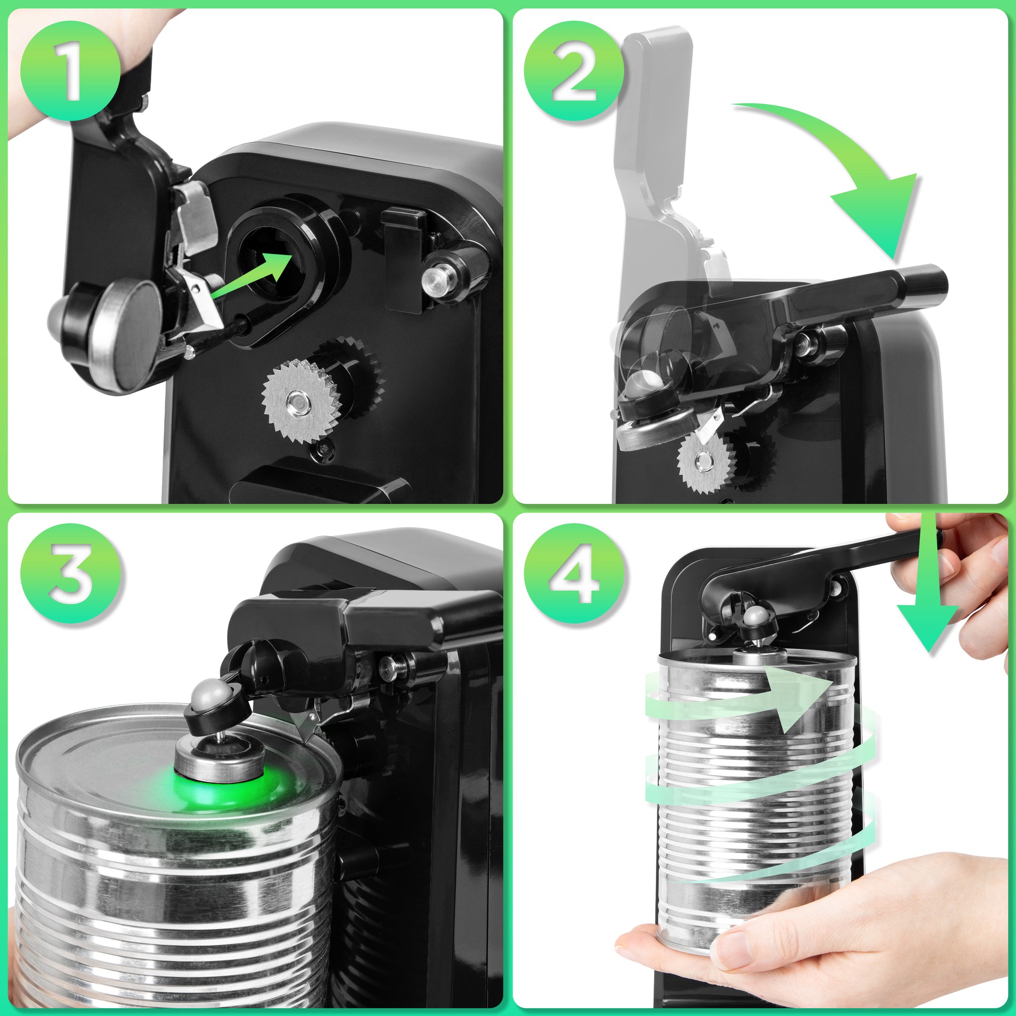 Duronic CO40 Elektryczny otwieracz do puszek 3 w 1 instrukcja obsługi: 1 - zamontować dźwignię ostrza, 2 - obniżyć dźwignię, 3 - podłożyć puszkę pod magnes. 4 - nacisnąć dźwignię, aby rozpocząć proces otwierania
