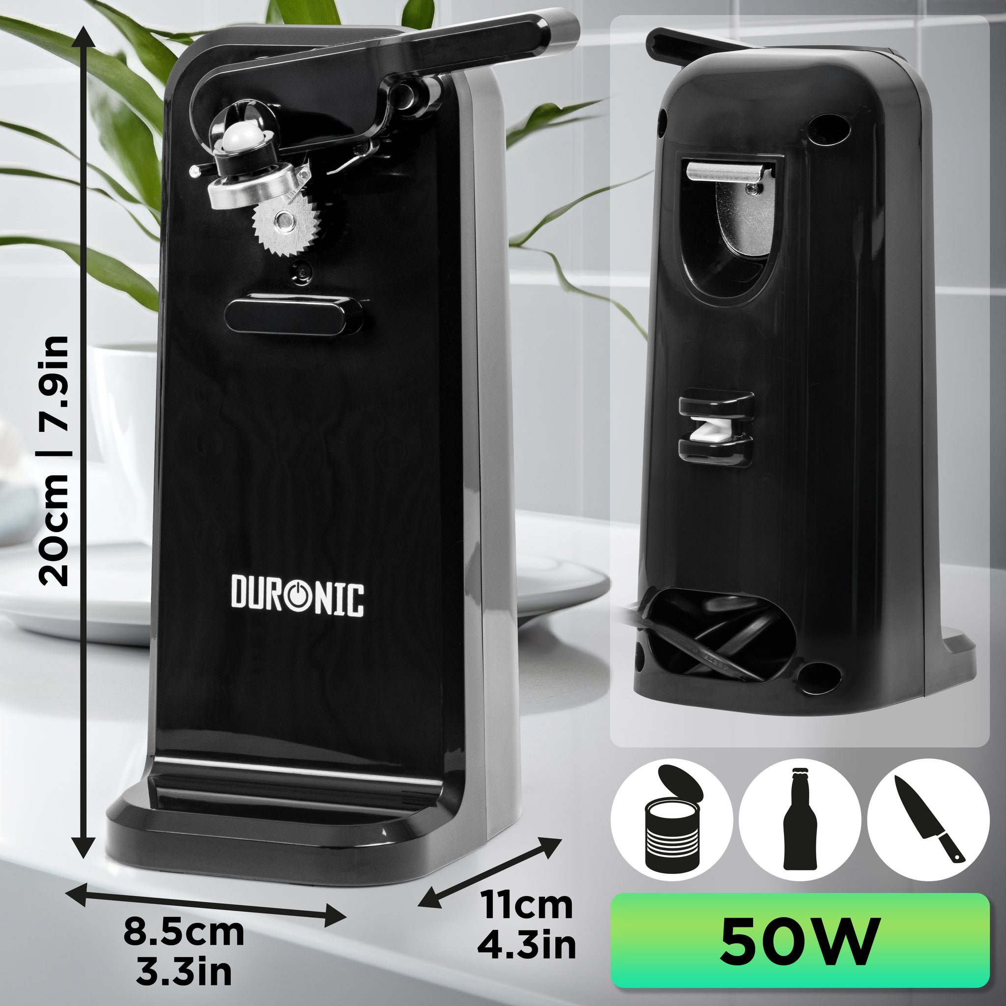 Duronic CO40 Elektryczny otwieracz do puszek 3 w 1, otwieracz do butelek i ostrzałka do noży, moc 50W, wymiar