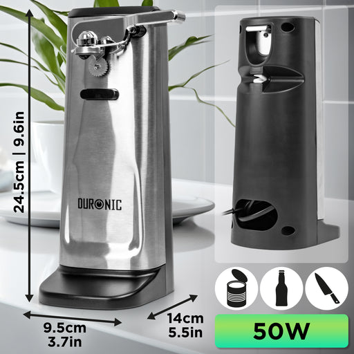 Duronic CO60 Elektryczny otwieracz do puszek 3 w 1, otwieracz do butelek i ostrzałka do noży, moc 50W, wymiary