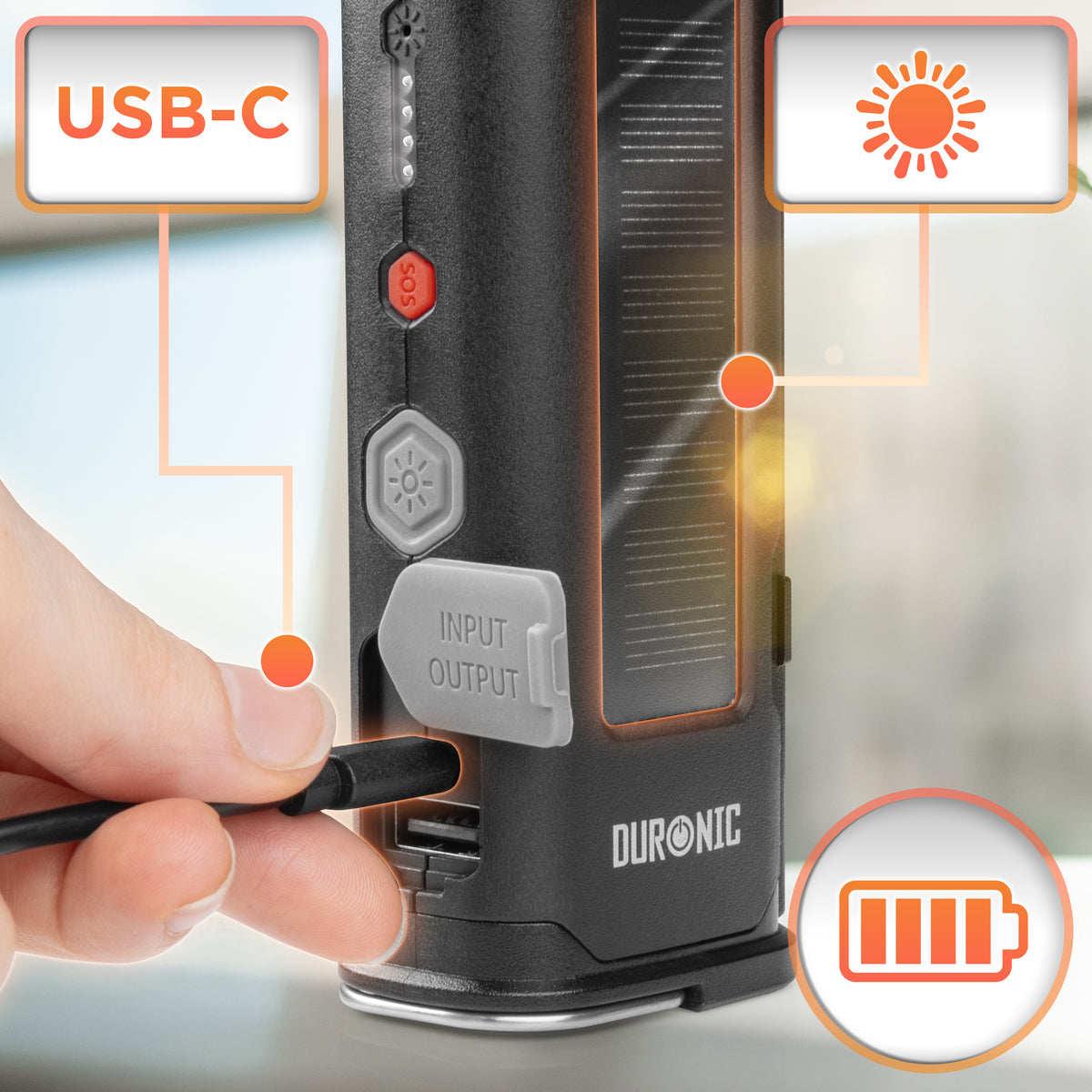 Duronic CT51 Ratownicze narzędzie wielofunkcyjne ewakuacyjne do samochodu powerbank z panelem solarnym, wejście USB-C, niezależność energetyczna