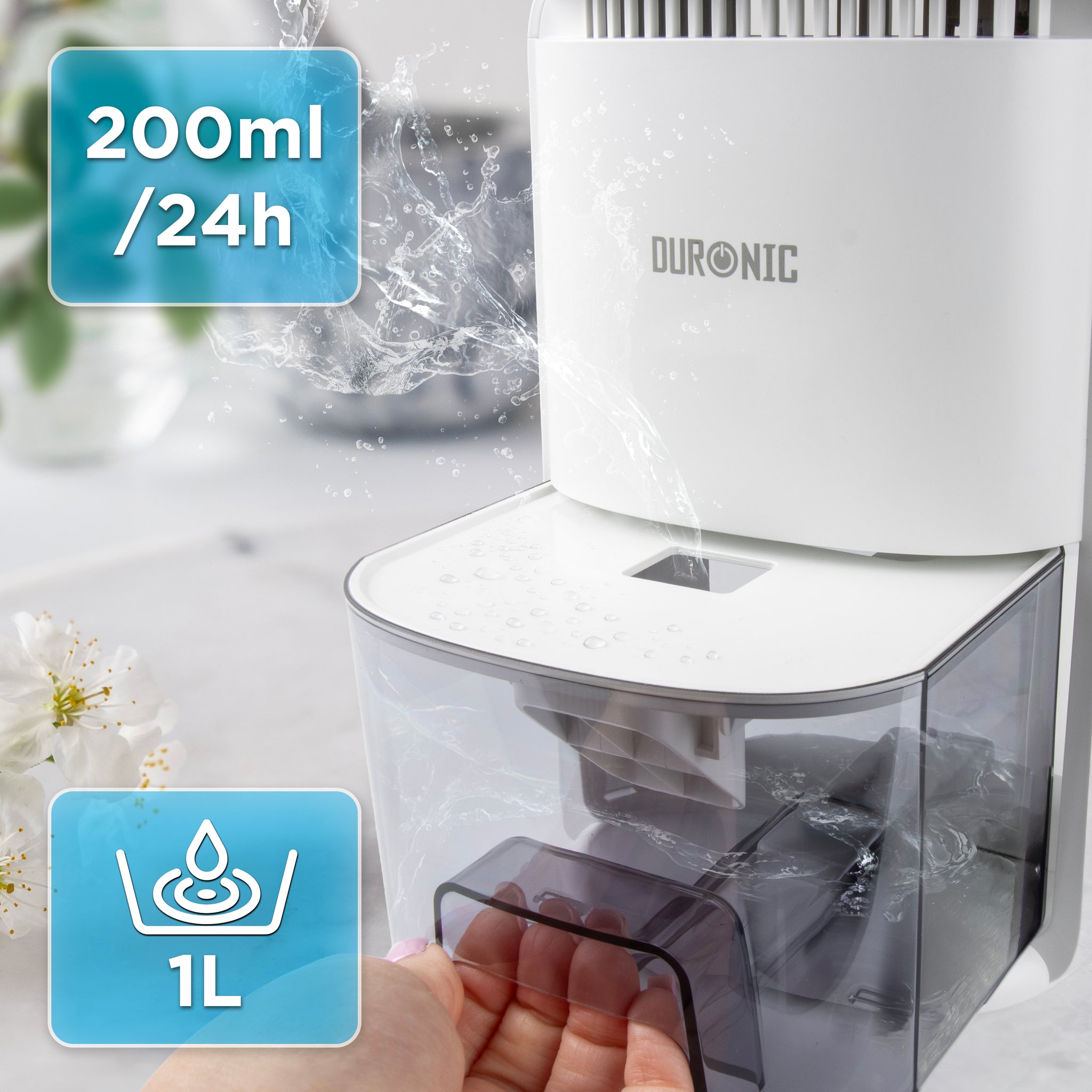 Duronic DH07 WE Osuszacz powietrza kondensacyjny do domu wydajność 200 ml / 24 godz, pojemnik 1l