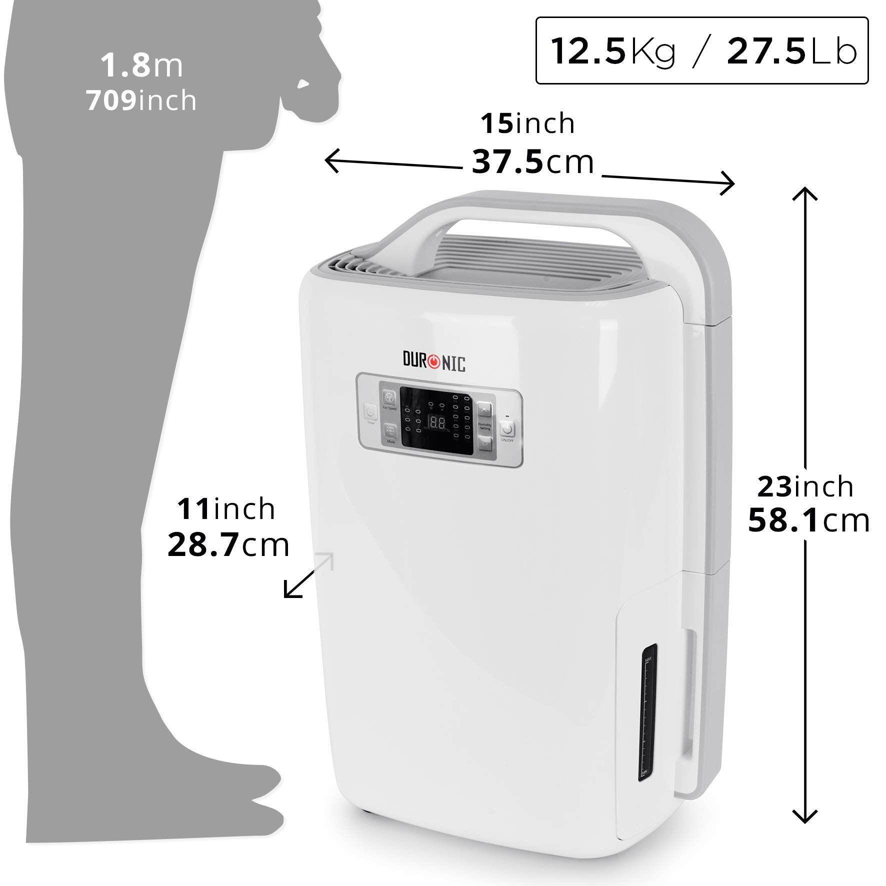 Duronic DH20 Osuszacz powietrza kondensacyjny do domu wymiary, waga 12.5 kg, porównanie do człowieka