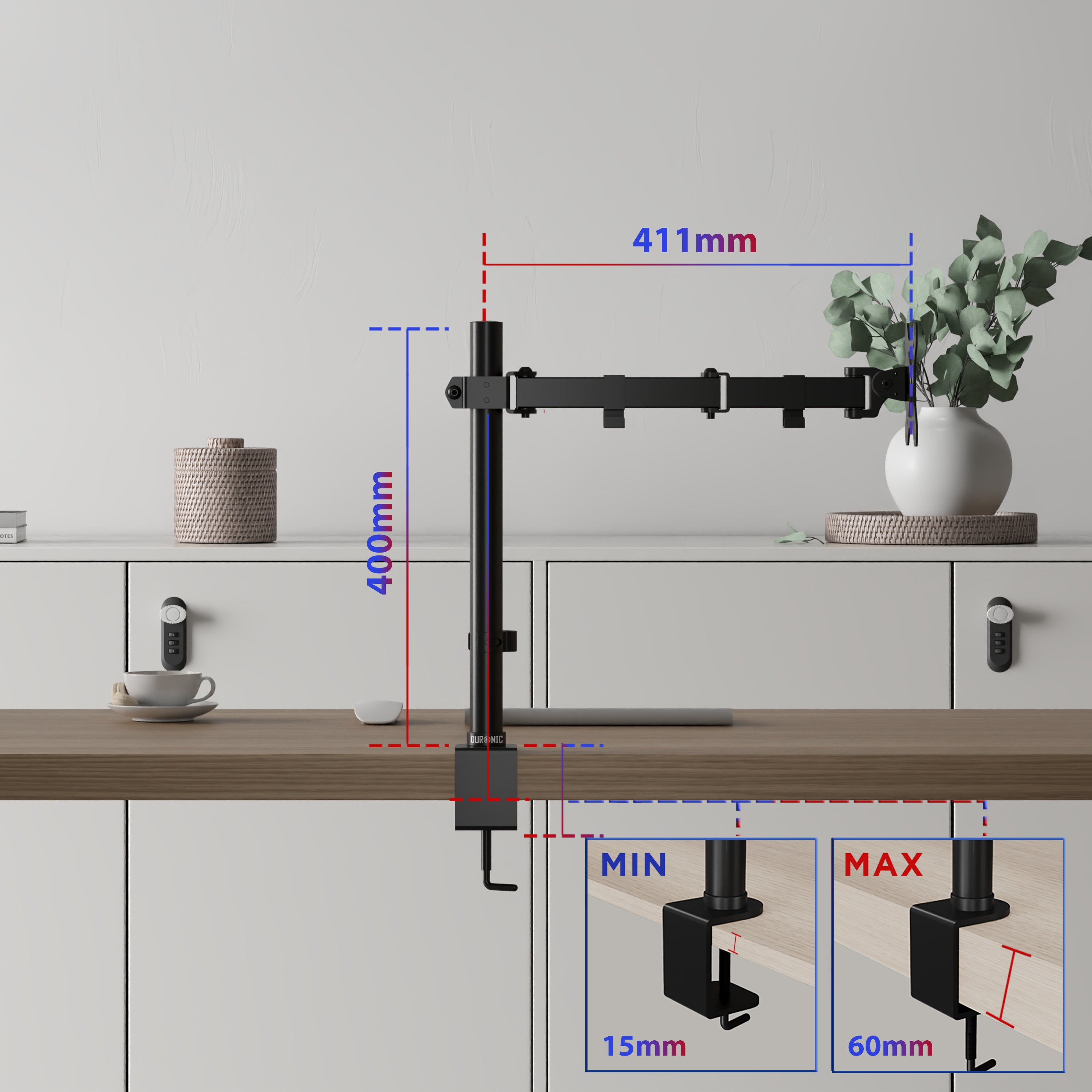 Duronic DM151X3 Uchwyt do monitora wymiary wysokość40 cm, długość ramienia 411mm, klamra 15-60mm