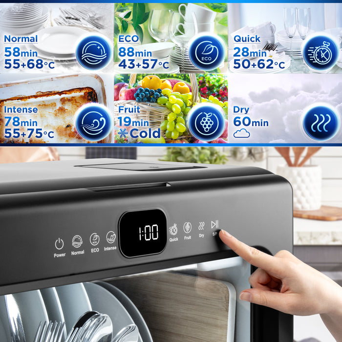 Duronic DW10 BK Zmywarka nablatowa dotykowy panel sterowania, programy: normalny do codziennego mycia, Eco do oszczędzania wody i energii, szybki do mało zabrudzonych naczyń, intensywny do bardzo zabrudzonych naczyń, program do mycia owoców, suszenie
