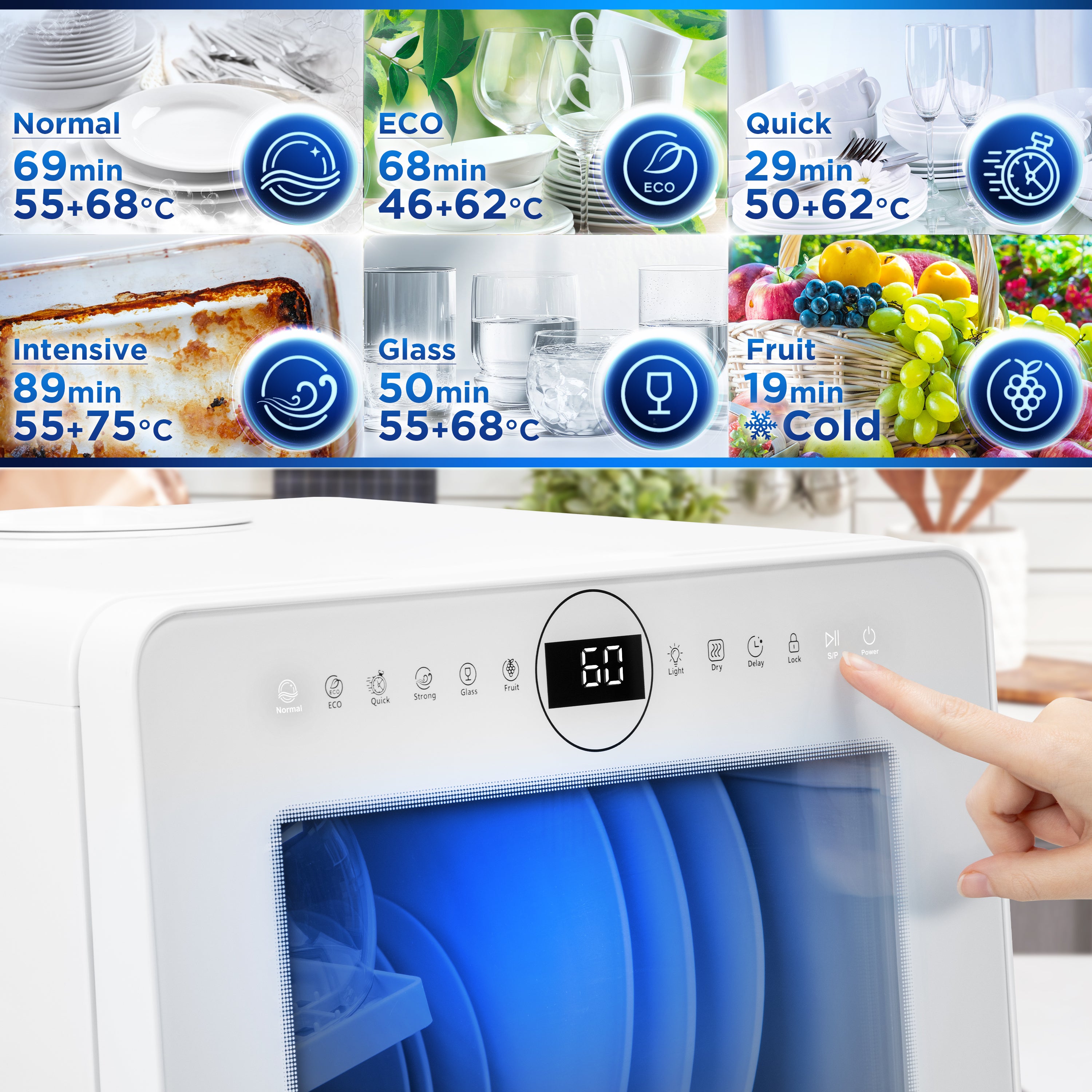 Duronic DW5 WE biała zmywarka wolnostojąca programy mycia: normalny, eco, szybki, intensywny, do szkła, do owoców różne temperatury mycia i funkcja suszenia