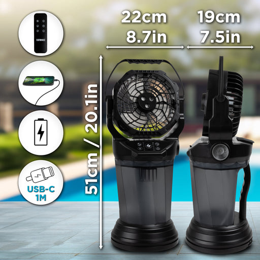 Duronic FM6 BK wiatrak z mgiełką i pilotem wymiary ładowanie przez USB-C, funkcja power banku 