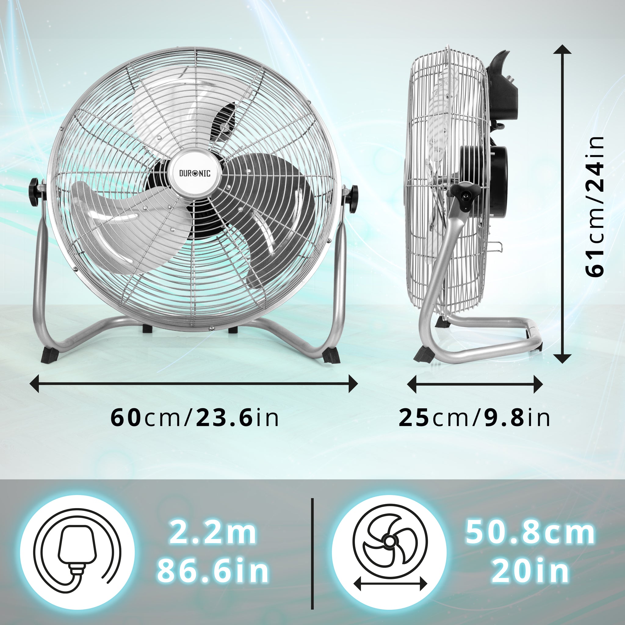 Duronic FN20 Wentylator podłogowy metalowy, wymiary, średnica łopat 50cm, kabel 2.2 m