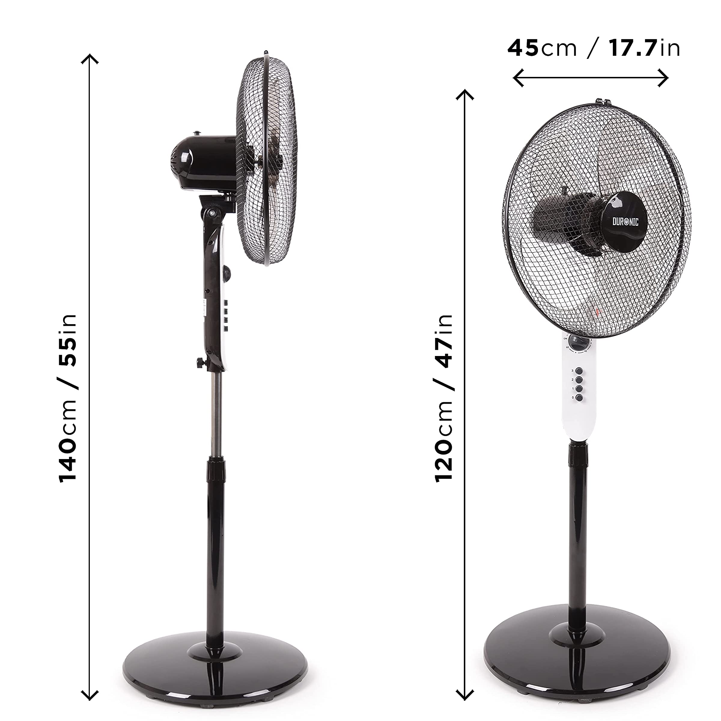 Duronic FN45 Wentylator stojący wiatrak wymiary maksymalne i minimalne, regulacja wysokości, średnica głowicy 45 cm