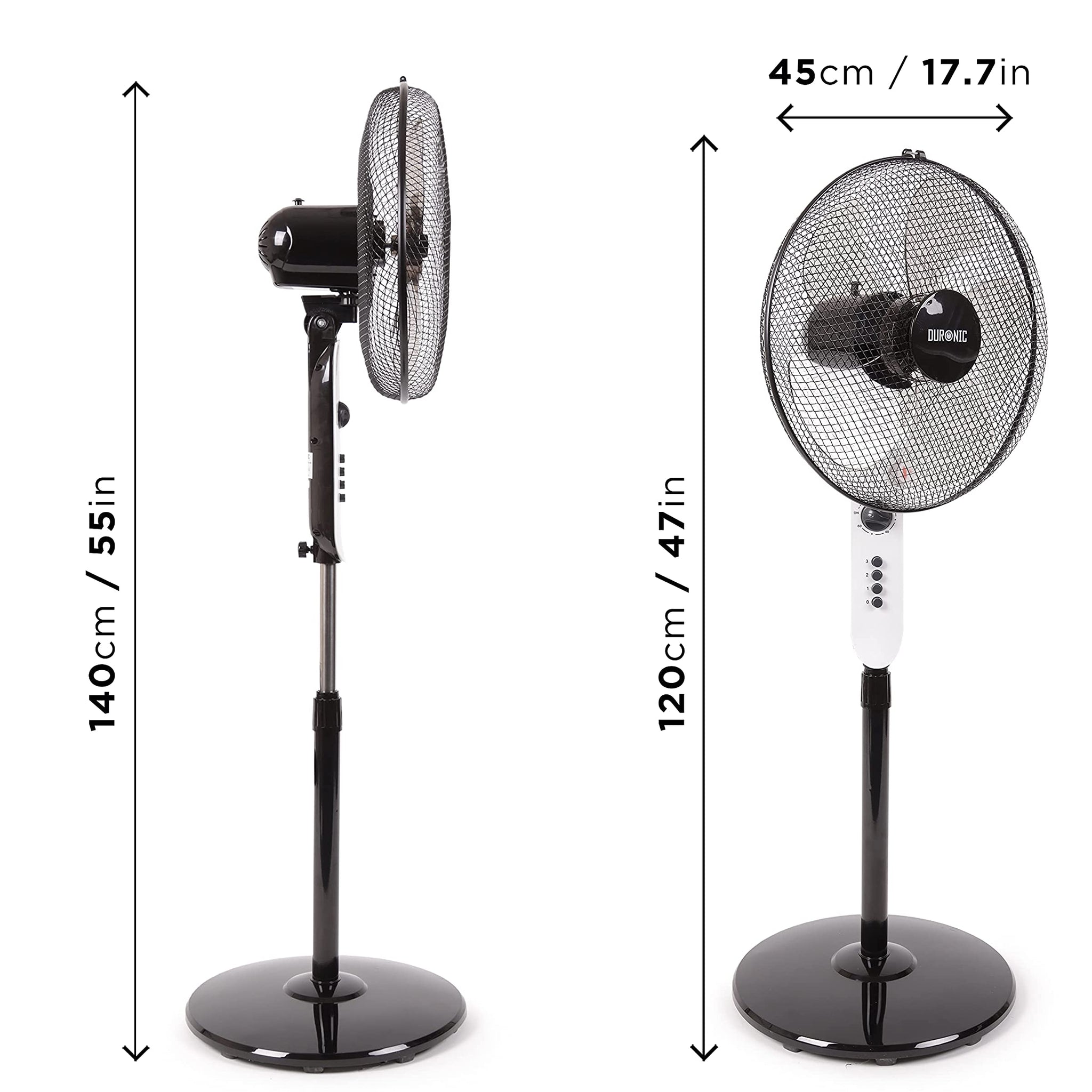Duronic FN45 Wentylator stojący wiatrak wymiary maksymalne i minimalne, regulacja wysokości, średnica głowicy 45 cm