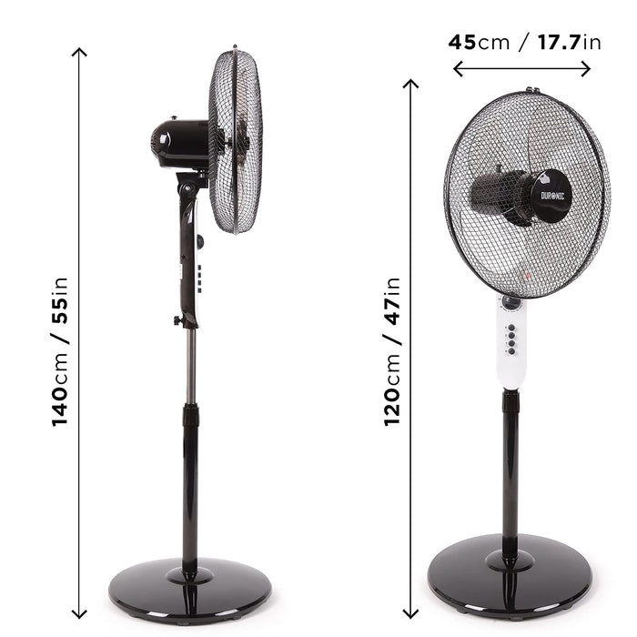 Duronic FN45 Wentylator stojący wiatrak wymiary maksymalne i minimalne, regulacja wysokości, średnica głowicy 45 cm