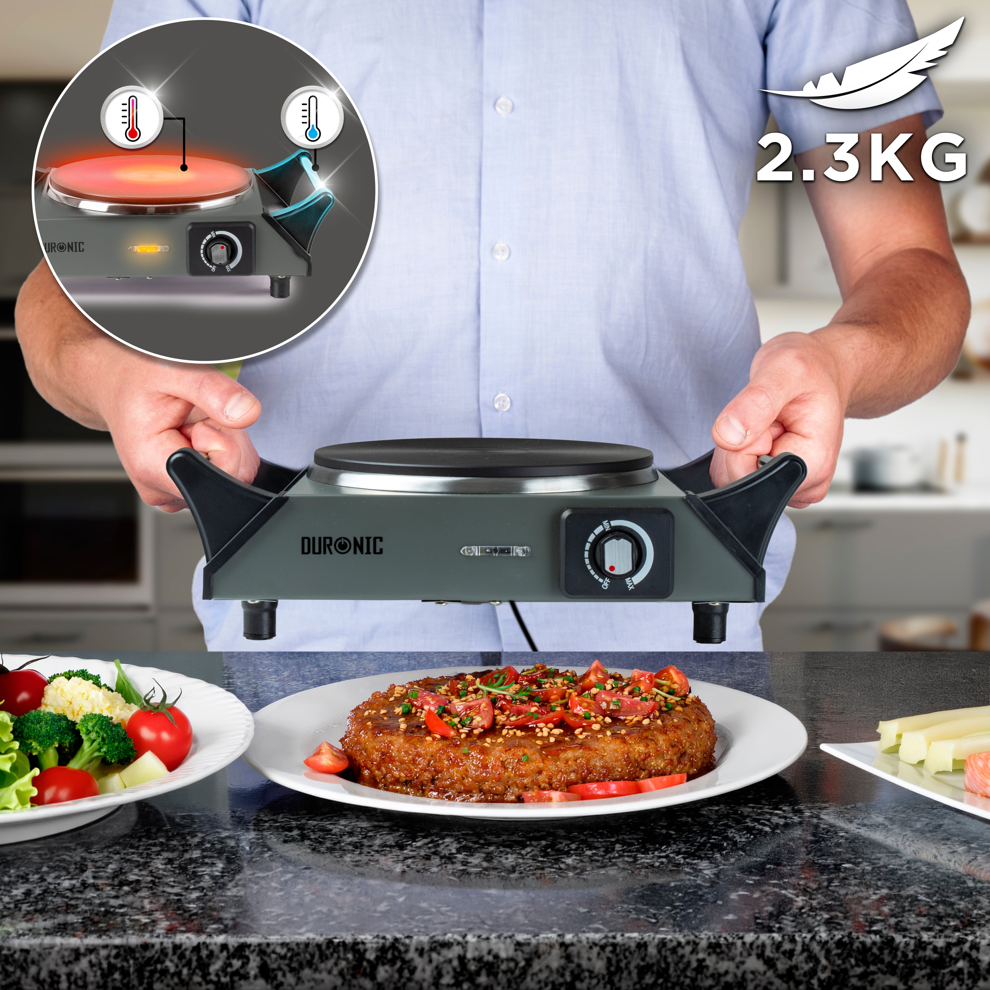 Duronic HP1 GG Przenośna kuchenka elektryczna turystyczna jednopalnikowa nienagrzewające się uchwyty, lekka waga 2,3 kg 