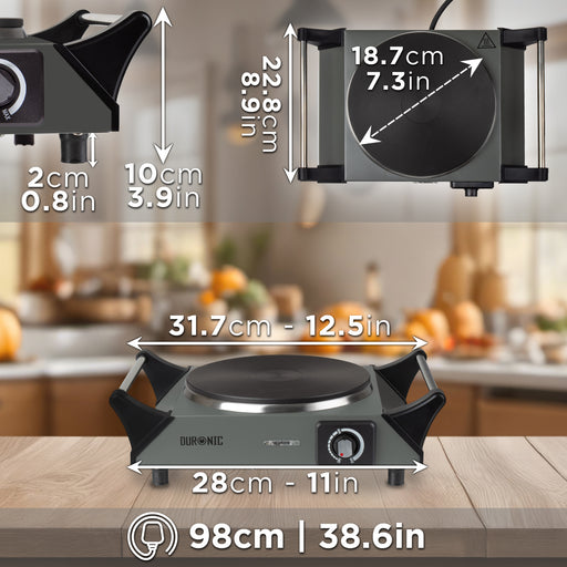 Duronic HP1 GG Przenośna kuchenka elektryczna turystyczna jednopalnikowa wymiary długość kabla 98 cm
