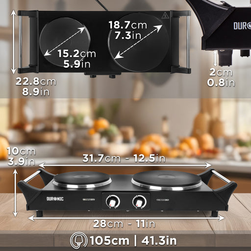 Duronic HP2 BK Przenośna kuchenka elektryczna turystyczna dwupalnikowa wymiary długość kabla 105 cm