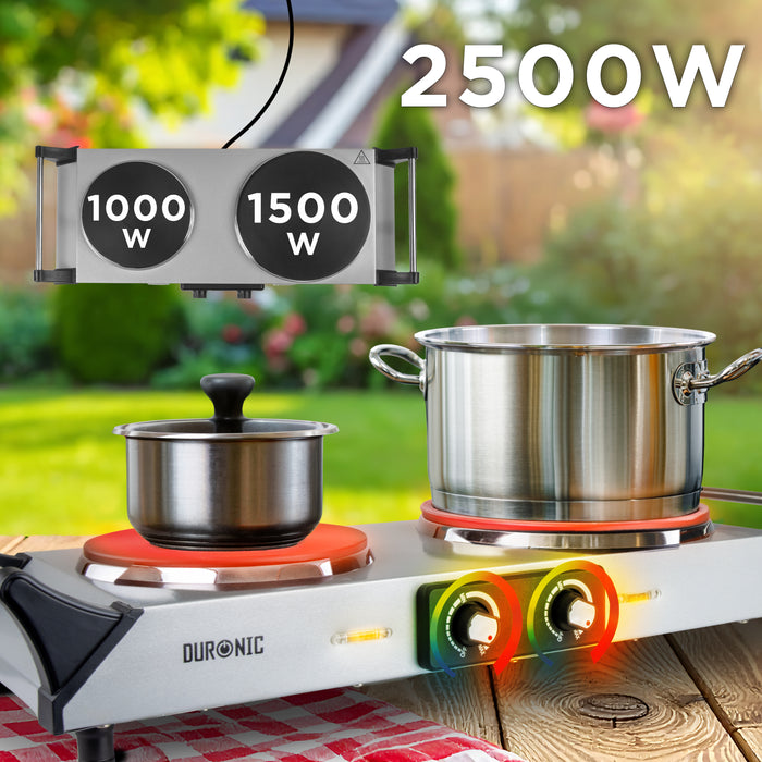 Duronic HP2 SS Przenośna kuchenka elektryczna turystyczna dwupalnikowa moc 1500W + 1000W łącznie 2500W pokrętło regulacyjne i lampka kontrolna do poszczególnych palników