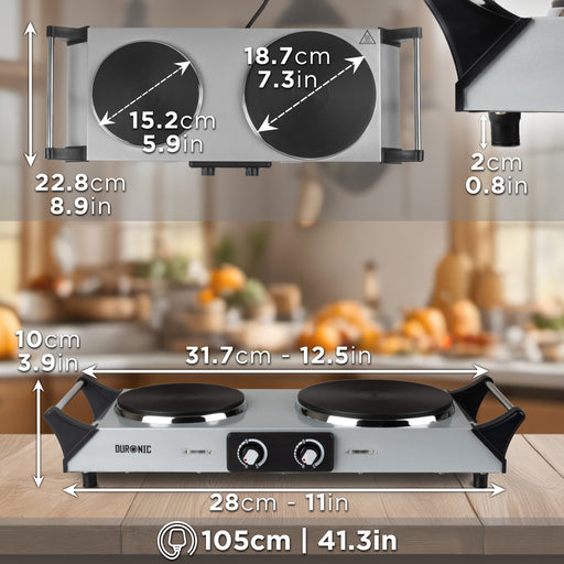 Duronic HP2 SS Przenośna kuchenka elektryczna turystyczna dwupalnikowa srebrna wymiary długość kabla 105 cm
