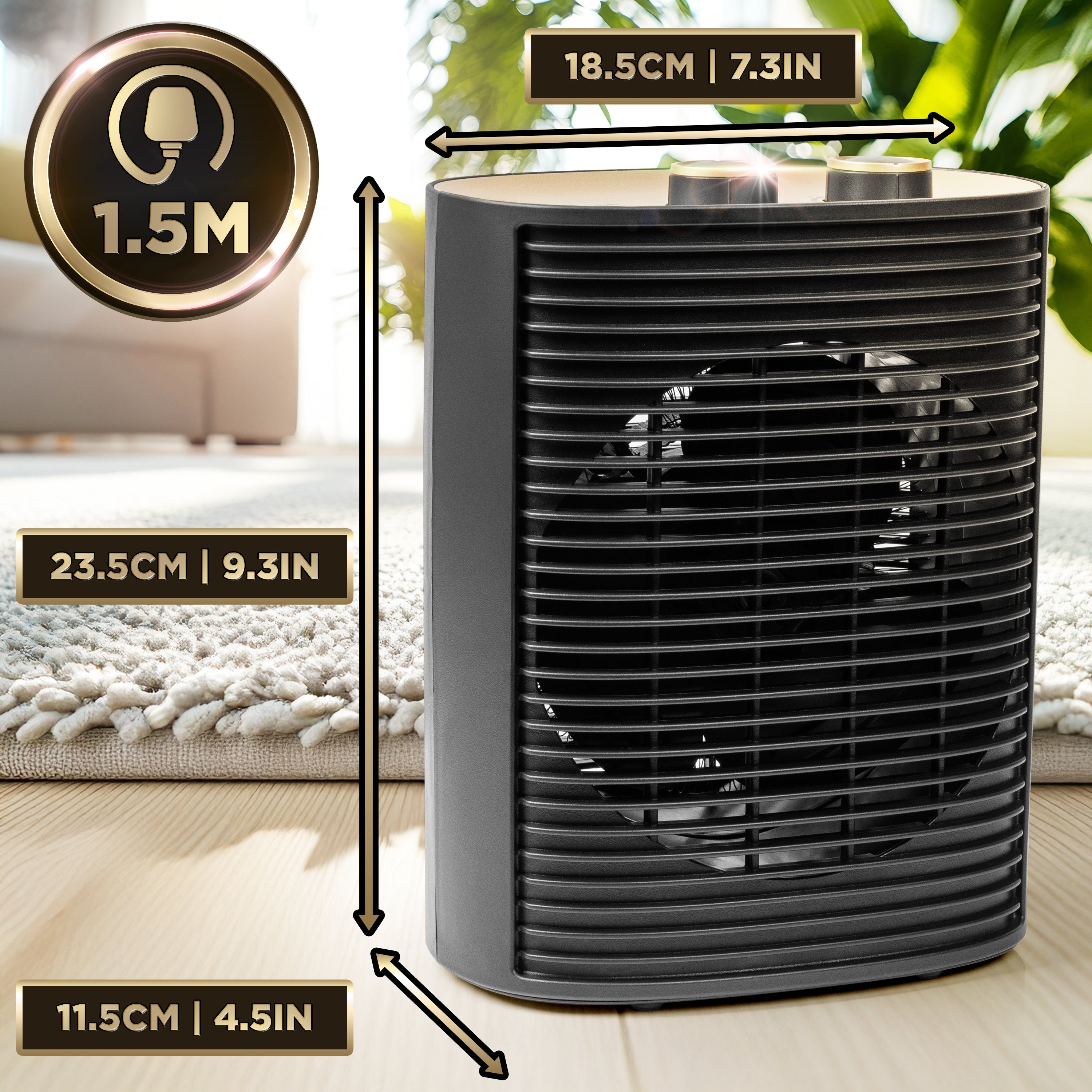 Duronic HV32 BK Termowentylator czarny farelka do podgrzewania wymiary długość kabla 1,5 m