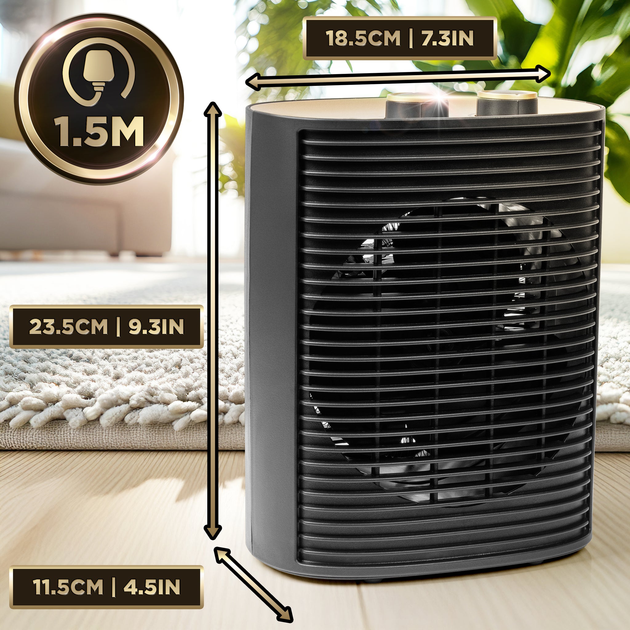 Duronic HV32 BK Termowentylator czarny farelka do podgrzewania wymiary długość kabla 1,5 m