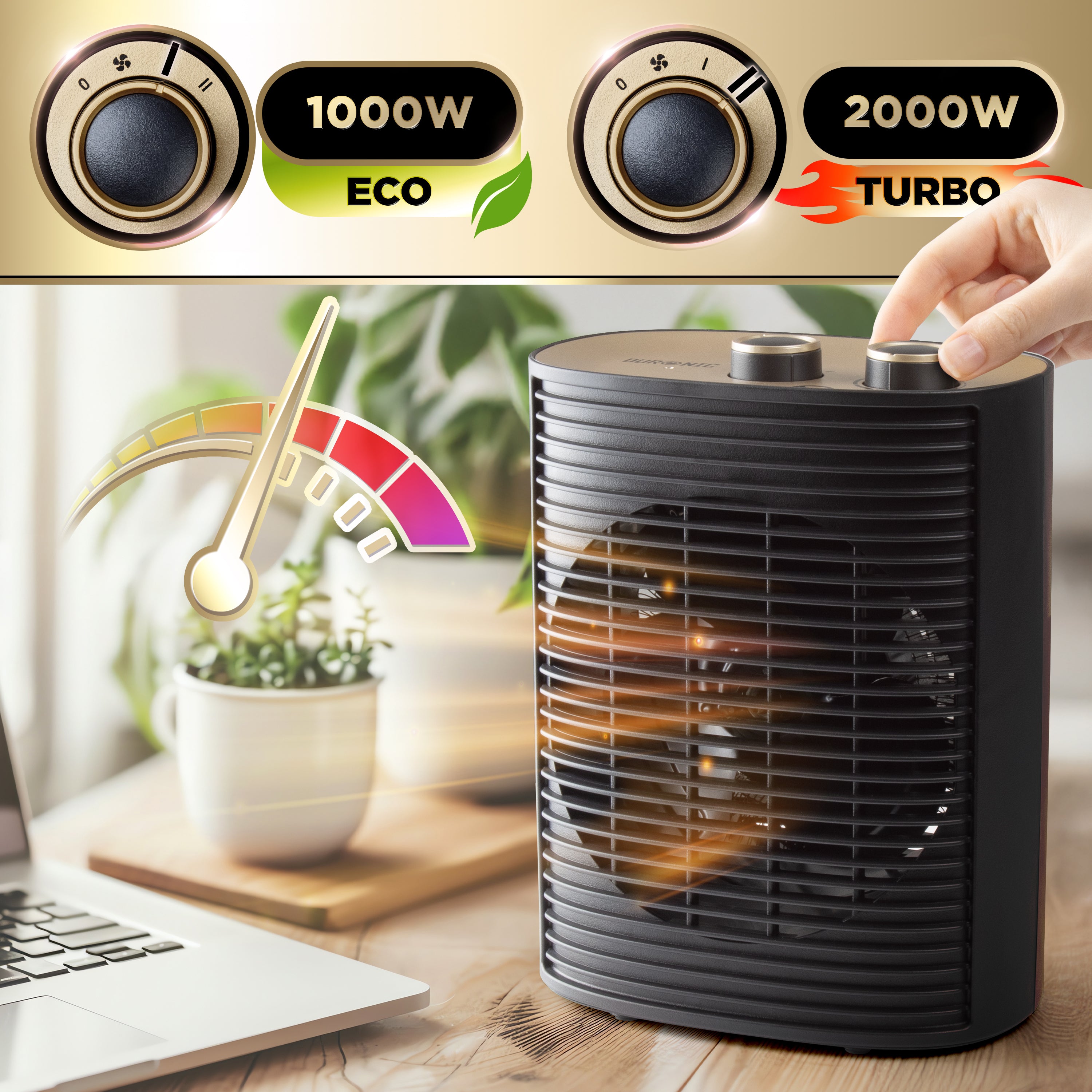 Duronic HV32 BK Termowentylator czarny farelka do podgrzewania wymiary moc 1000W lub 2000W tryb eco i turbo