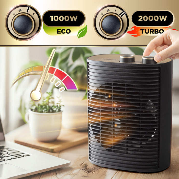 Duronic HV32 BK Termowentylator czarny farelka do podgrzewania wymiary moc 1000W lub 2000W tryb eco i turbo