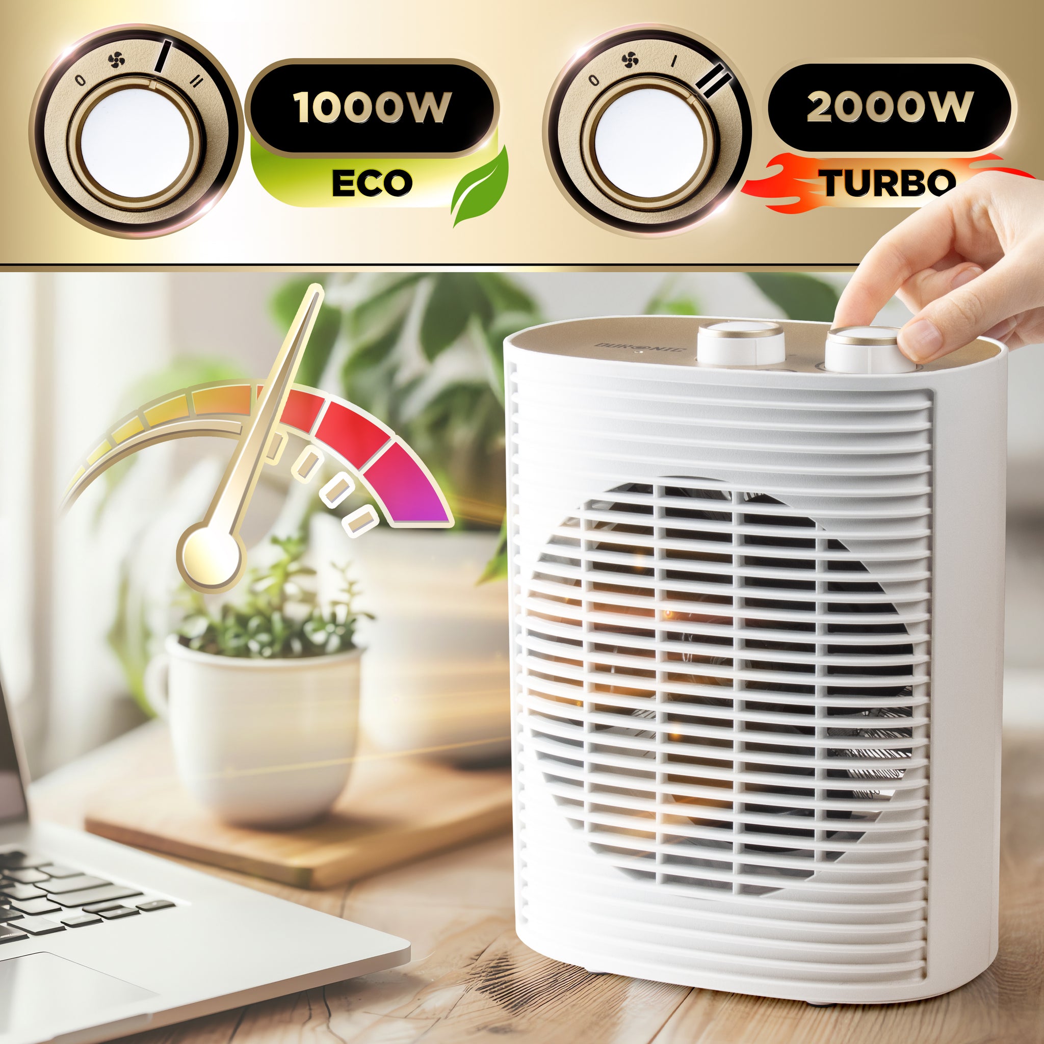 Duronic HV32 WE Termowentylator biały farelka do podgrzewania wymiary moc 1000W lub 2000W tryb eco i turbo