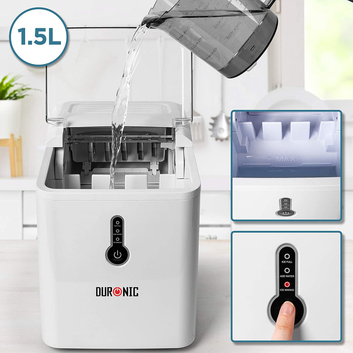 Duronic ICM120 WE Kostkarka do lodu biała z wyjmowanym koszykiem instrukcja obsługi: wlać 1,5l wody, nie przekraczać linii MAX, uruchomić urządzenie