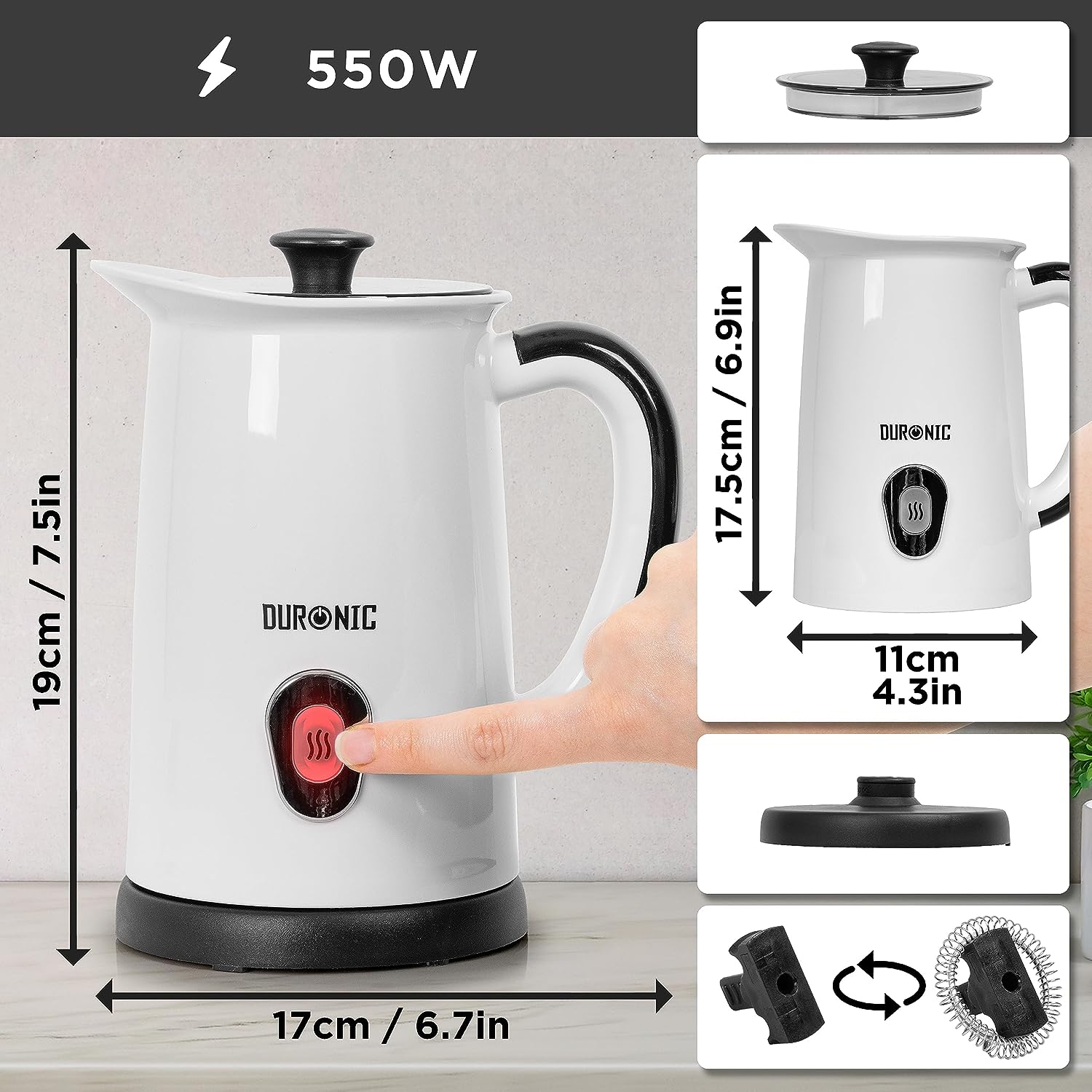 Duronic MF130 spieniacz do mleka wymiary urządzenia, dwa różne mieszalniki, obrotowa podstawa, pokrywka z uchwytem