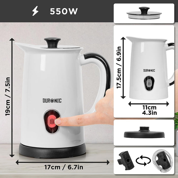 Duronic MF130 spieniacz do mleka wymiary urządzenia, dwa różne mieszalniki, obrotowa podstawa, pokrywka z uchwytem