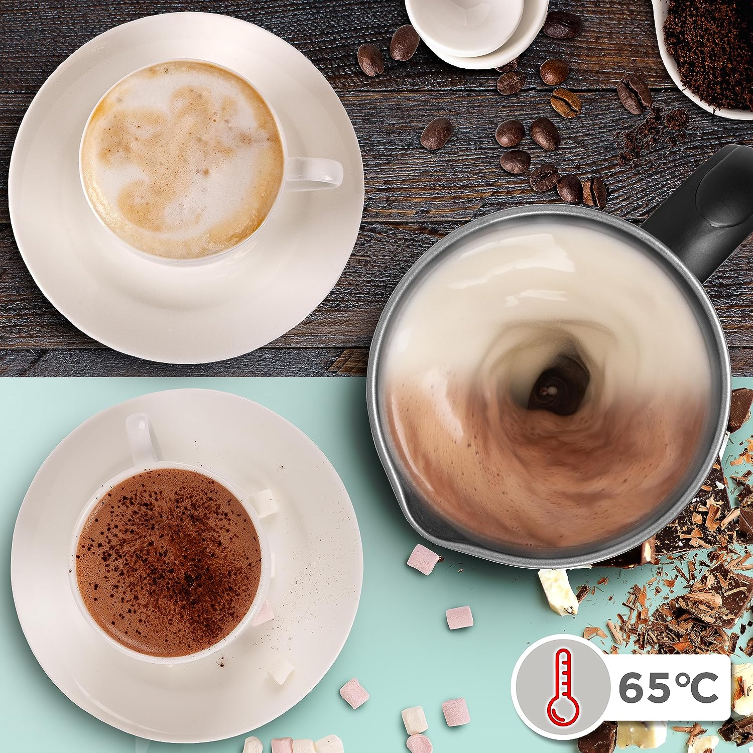 Duronic MF300 spieniacz do mleka ciepła pianka do 65 stopni, dobrze zmieszane ciepłe napoje jak kakao czy cappuccino 