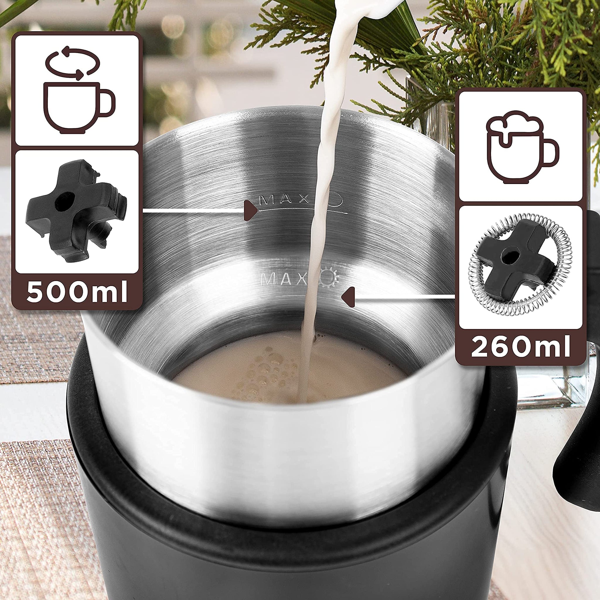 Duronic MF500 BK Czarny spieniacz do mleka maksymalna pojemność: do spieniania 260 ml, do mieszania 500 ml