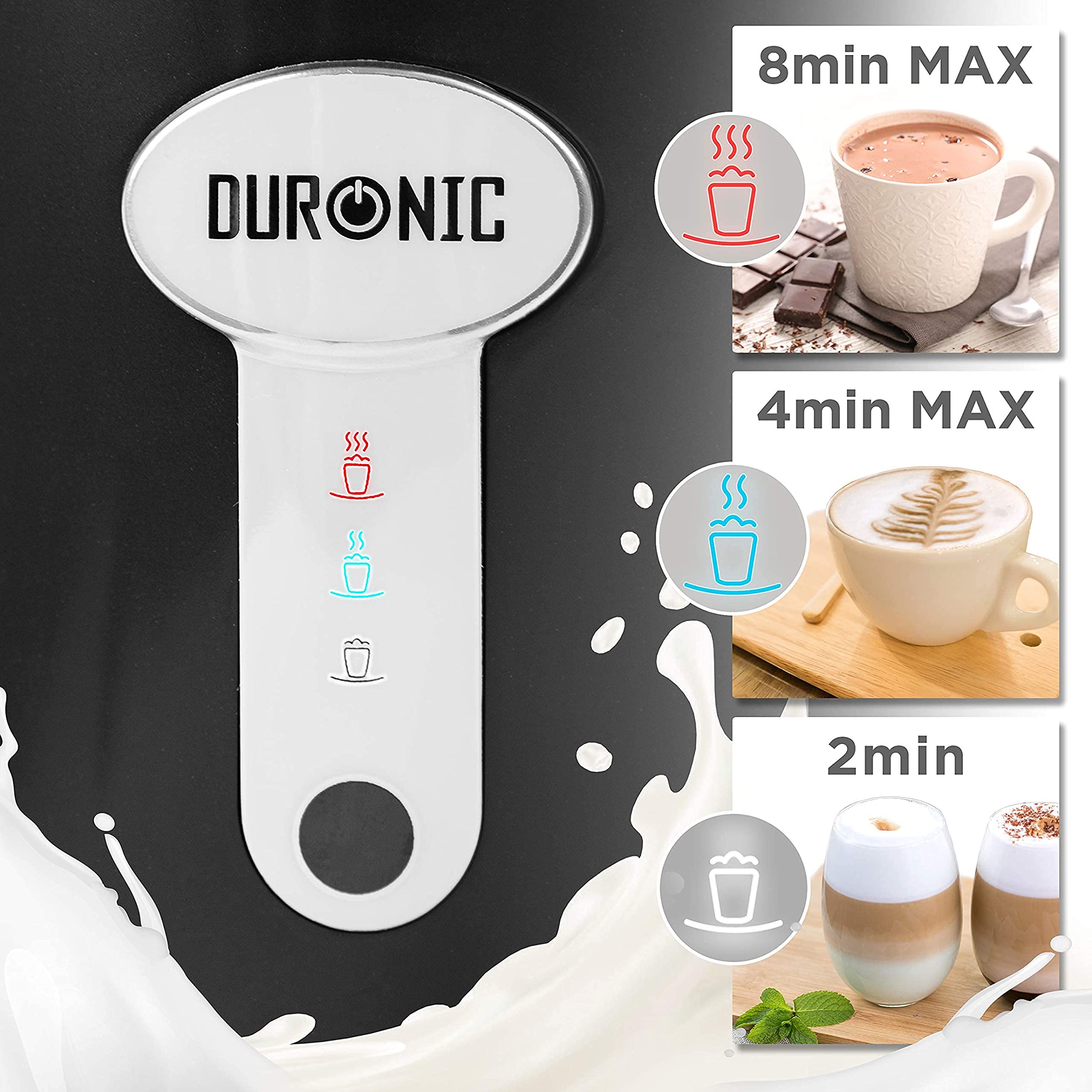 Duronic MF500 BK Czarny spieniacz do mleka prosta obsługa jednym palcem, tylko wybrać właściwy mieszalnik, nacisnąć włącznik i wybrać temperaturę, zimna pianka w  2 min, 4 min. Na ciepłą i 8 min do gorącej pianki