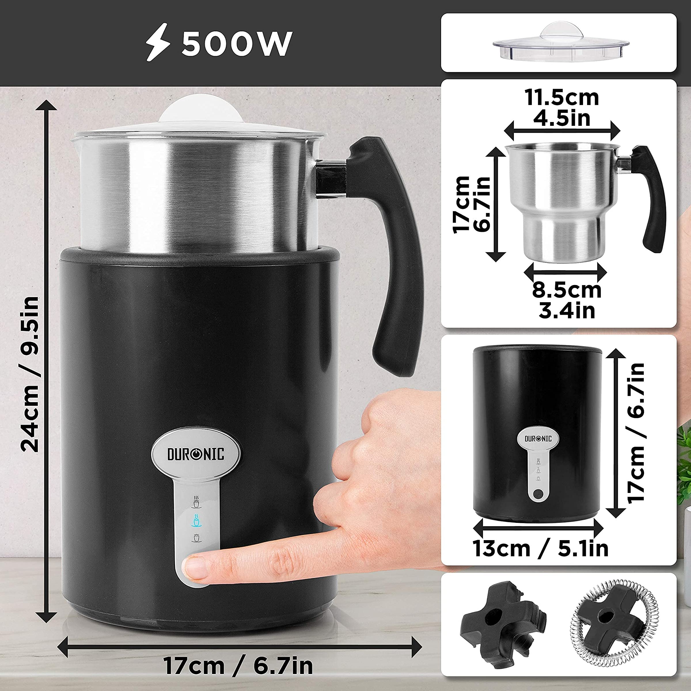 Duronic MF500 BK Czarny spieniacz do mleka wymiary urządzenia, dwa różne mieszalniki, obrotowa podstawa, przezroczysta pokrywka z uchwytem
